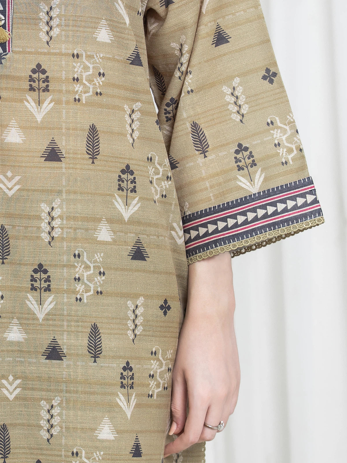 Edenrobe Khaki Printed Khaddar Suit Image 4