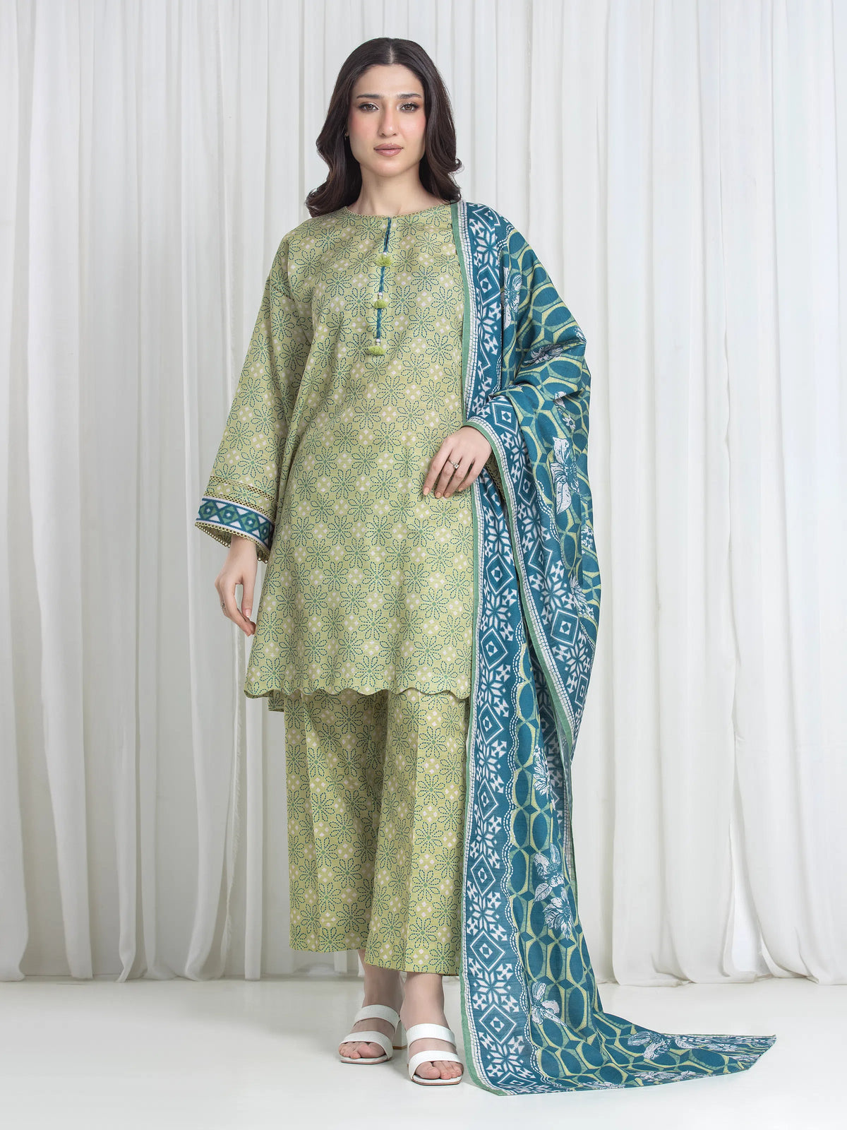 Edenrobe Lime Printed Khaddar Suit Image 1