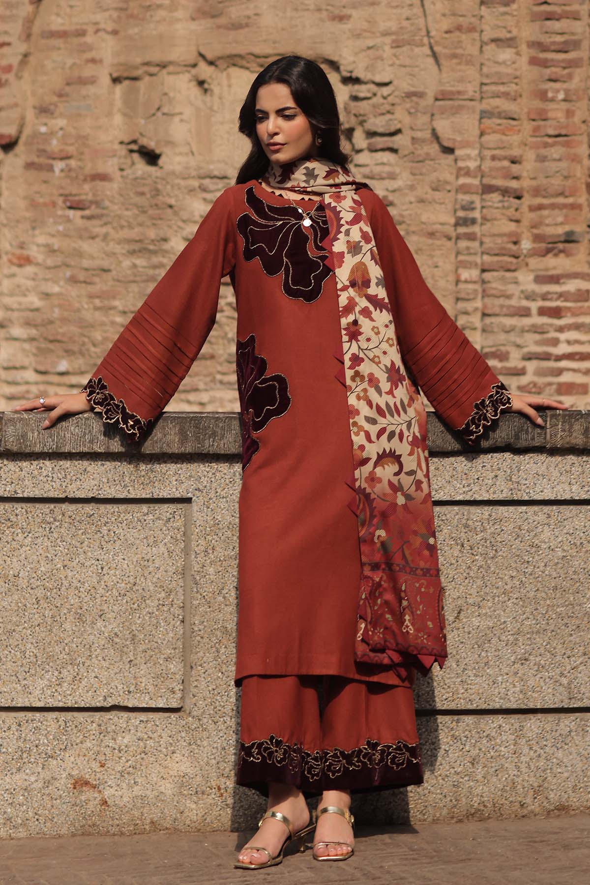 Peach leather 3-piece unstitched suit CSL6-06 – front view