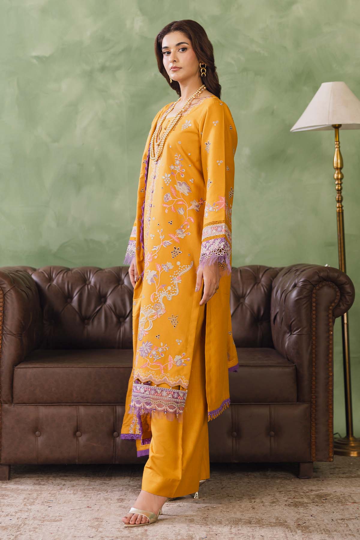 Peridot Cotray 598-A Unstitched 3-Piece Embroidered Slub Linen Suit - Al-Zafar Fabrics