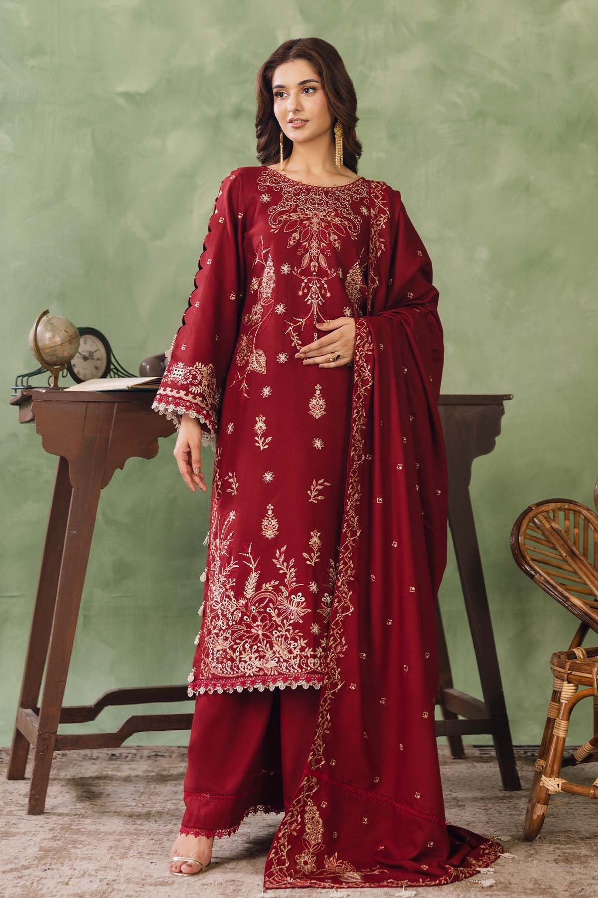 Peridot Cotray 596-A Unstitched 3-Piece Embroidered Slub Linen Suit - Al-Zafar Fabrics