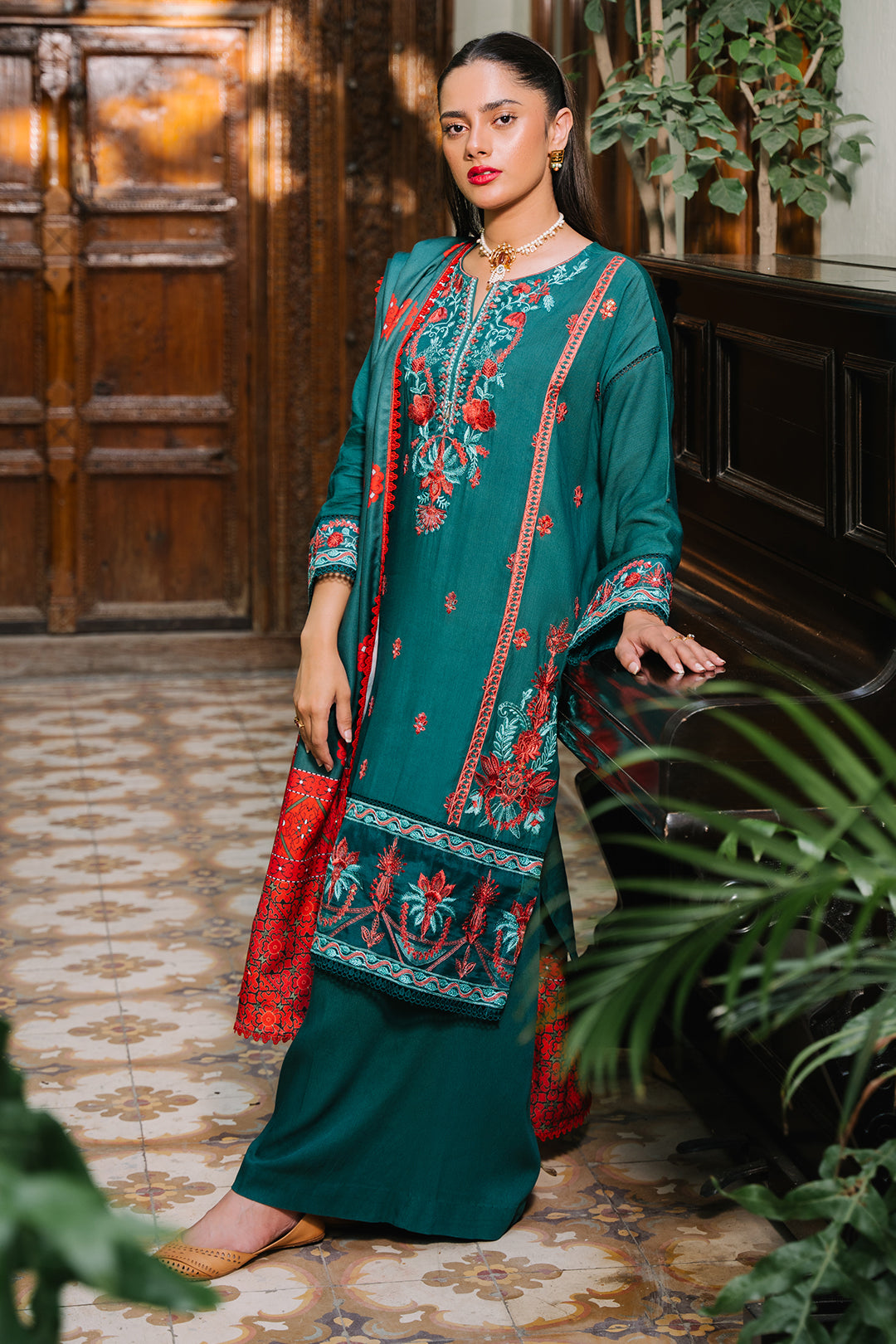 Zellbury teal green with red floral embroidery unstitched 3 piece suit WUW24E30243 image 3