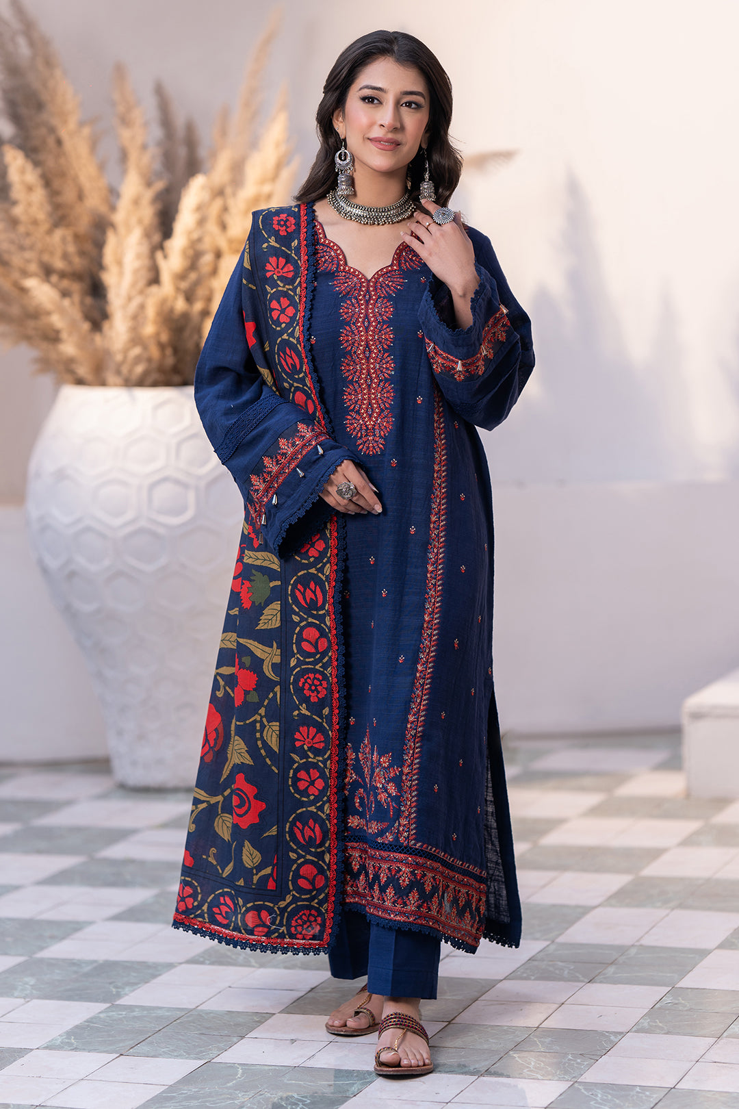Zellbury navy blue with red embroidery and multicolour shawl unstitched suit WUW24E30417 image 2