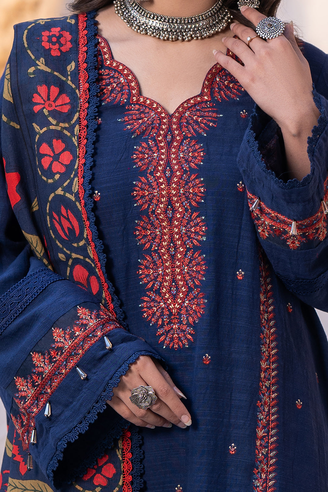 Zellbury navy blue with red embroidery and multicolour shawl unstitched suit WUW24E30417 image 3