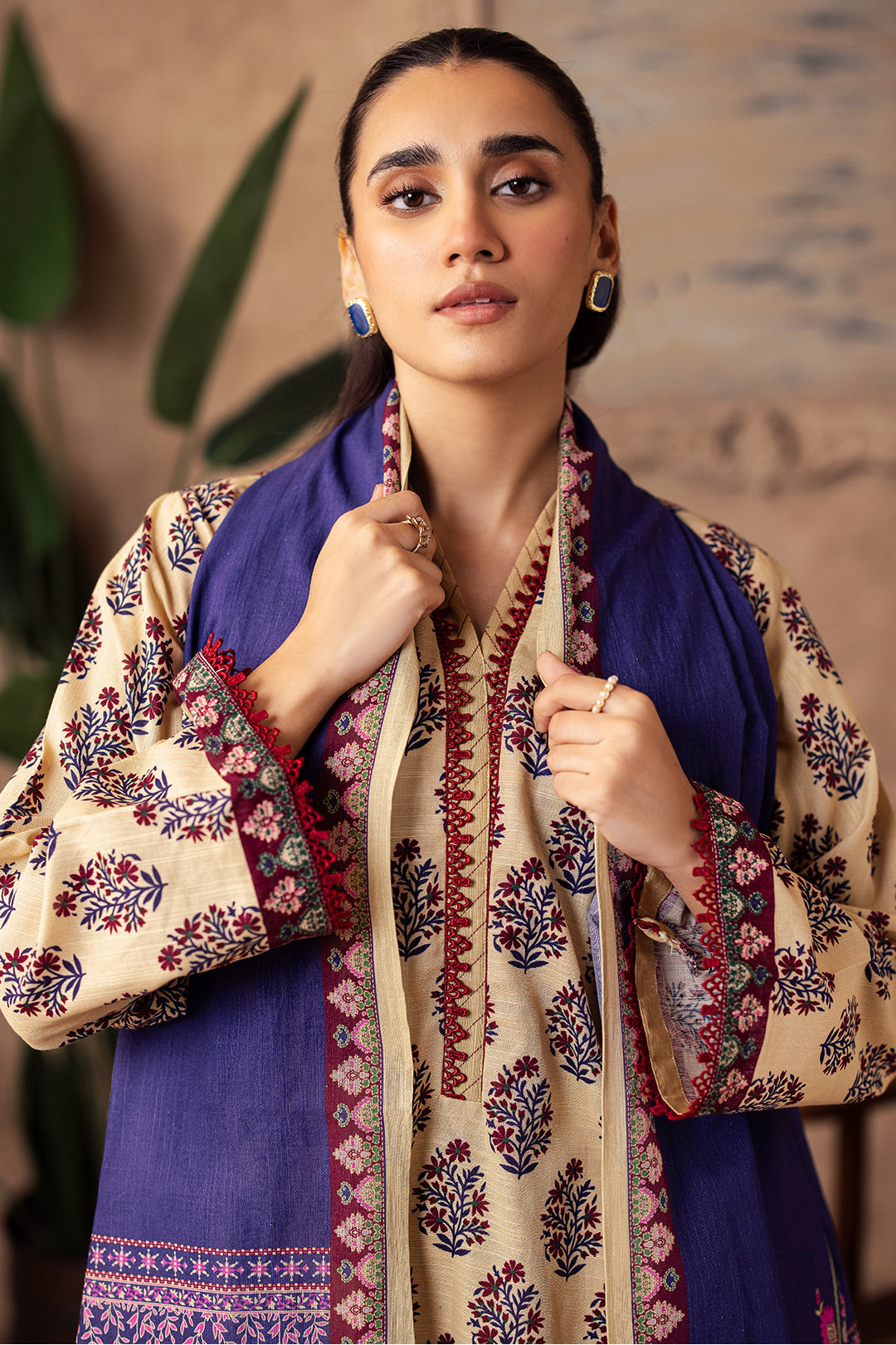 Zellbury cream with purple and maroon floral accents unstitched 3 piece suit WUW24X30195 image 3