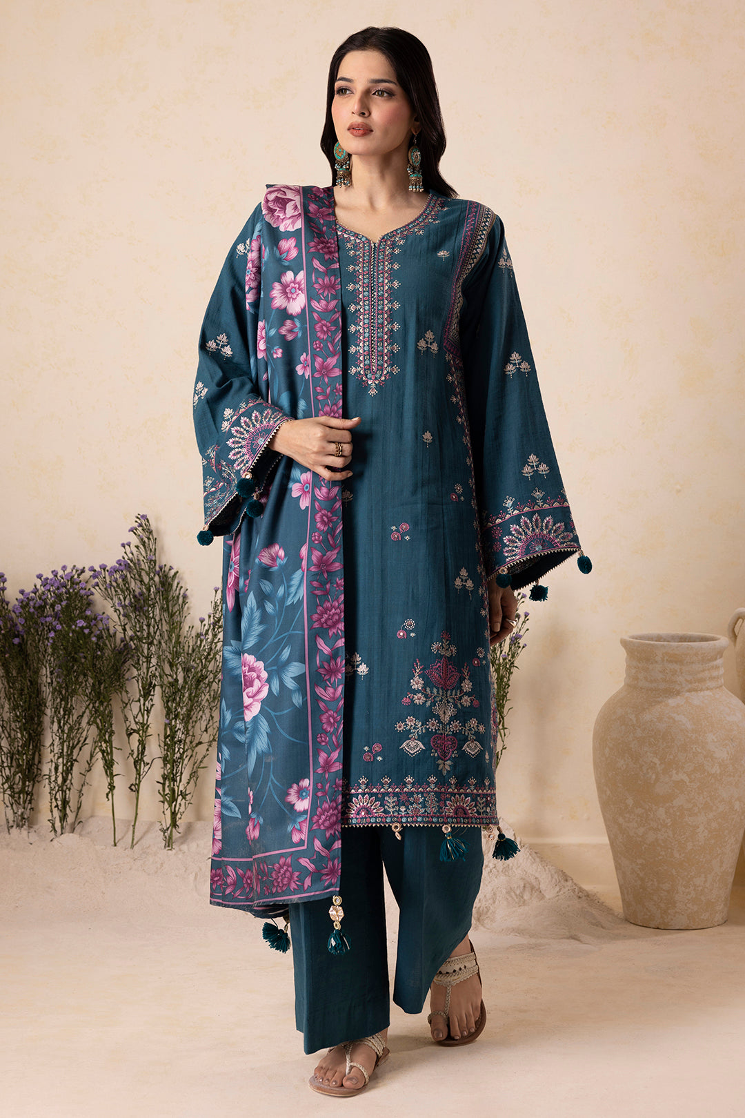 Zellbury teal green embroidered shirt with printed shawl
