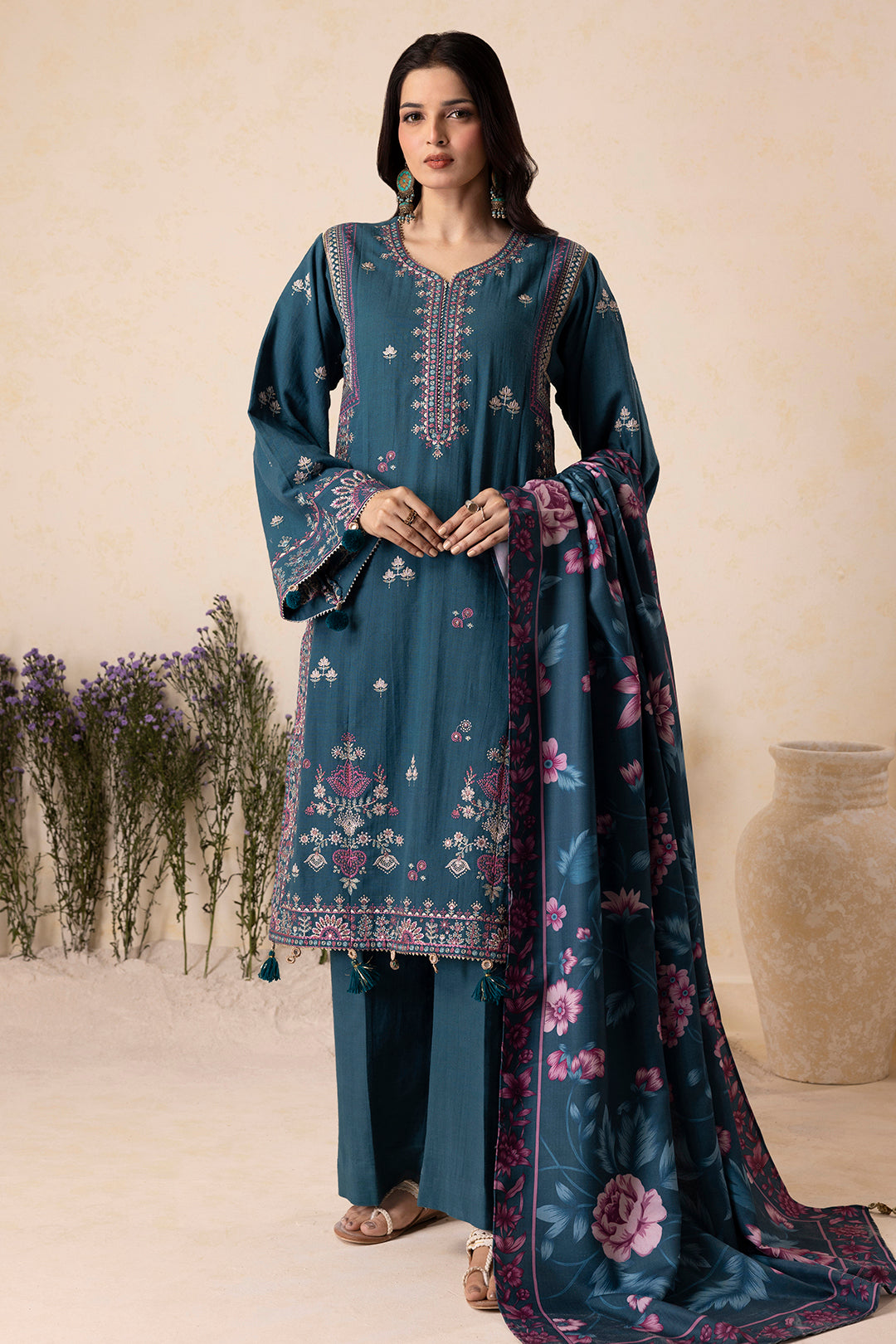 Zellbury teal green embroidered Khaddar unstitched suit with shawl