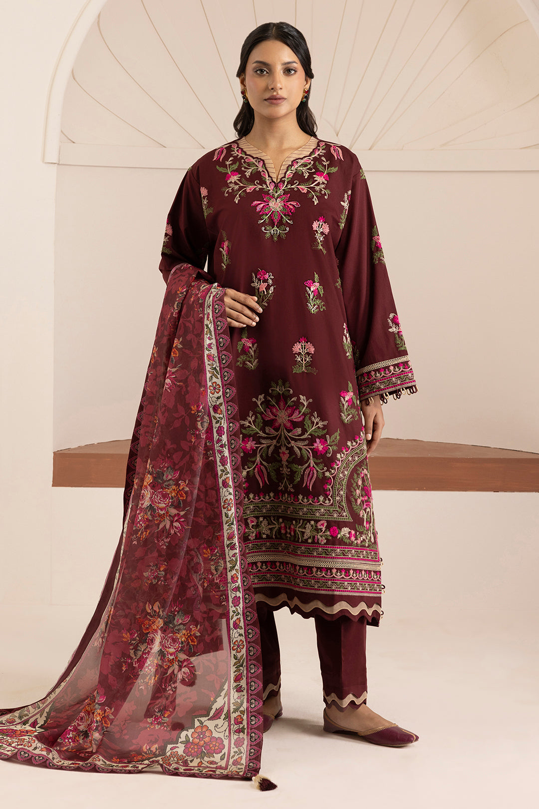 Zellbury maroon with pink and green floral embroidery unstitched suit WUW25E30269 image 3