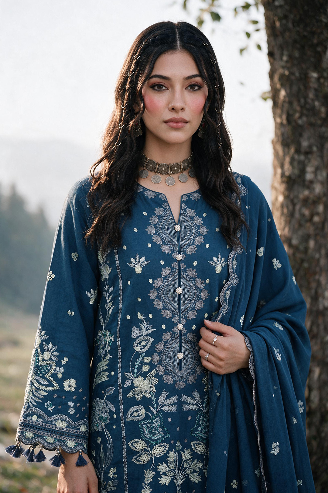 Zellbury navy blue embroidered Khaddar suit embroidery detail