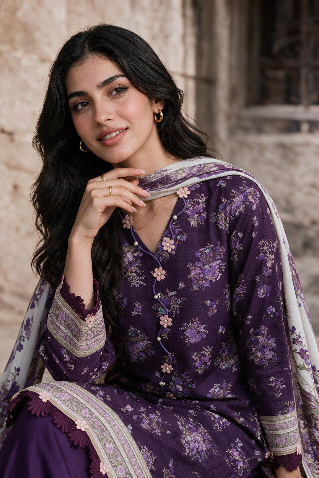 Zellbury purple with lilac floral print unstitched 3 piece suit WUWQ1X30113 image 3