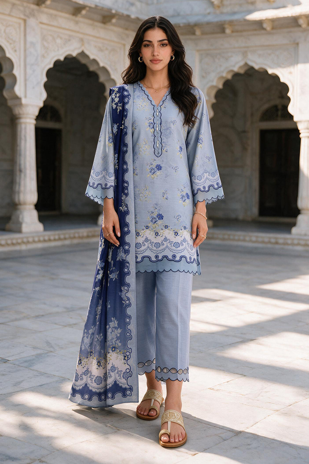 Zellbury light blue with navy blue floral accents unstitched 3 piece suit WUWQ1X30114 image 1