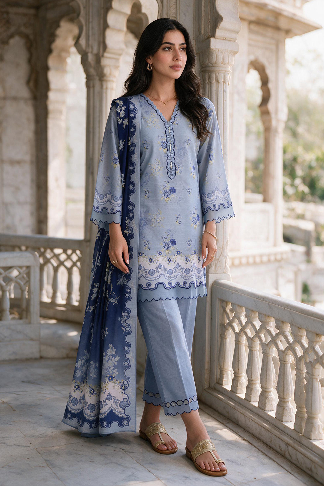 Zellbury light blue with navy blue floral accents unstitched 3 piece suit WUWQ1X30114 image 4