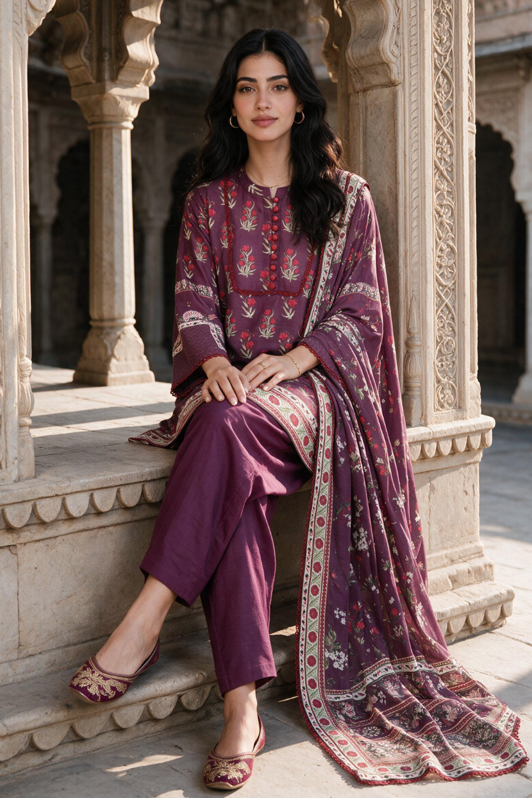 Zellbury mauve purple with red floral print unstitched 3 piece suit WUWQ1X30117 image 5