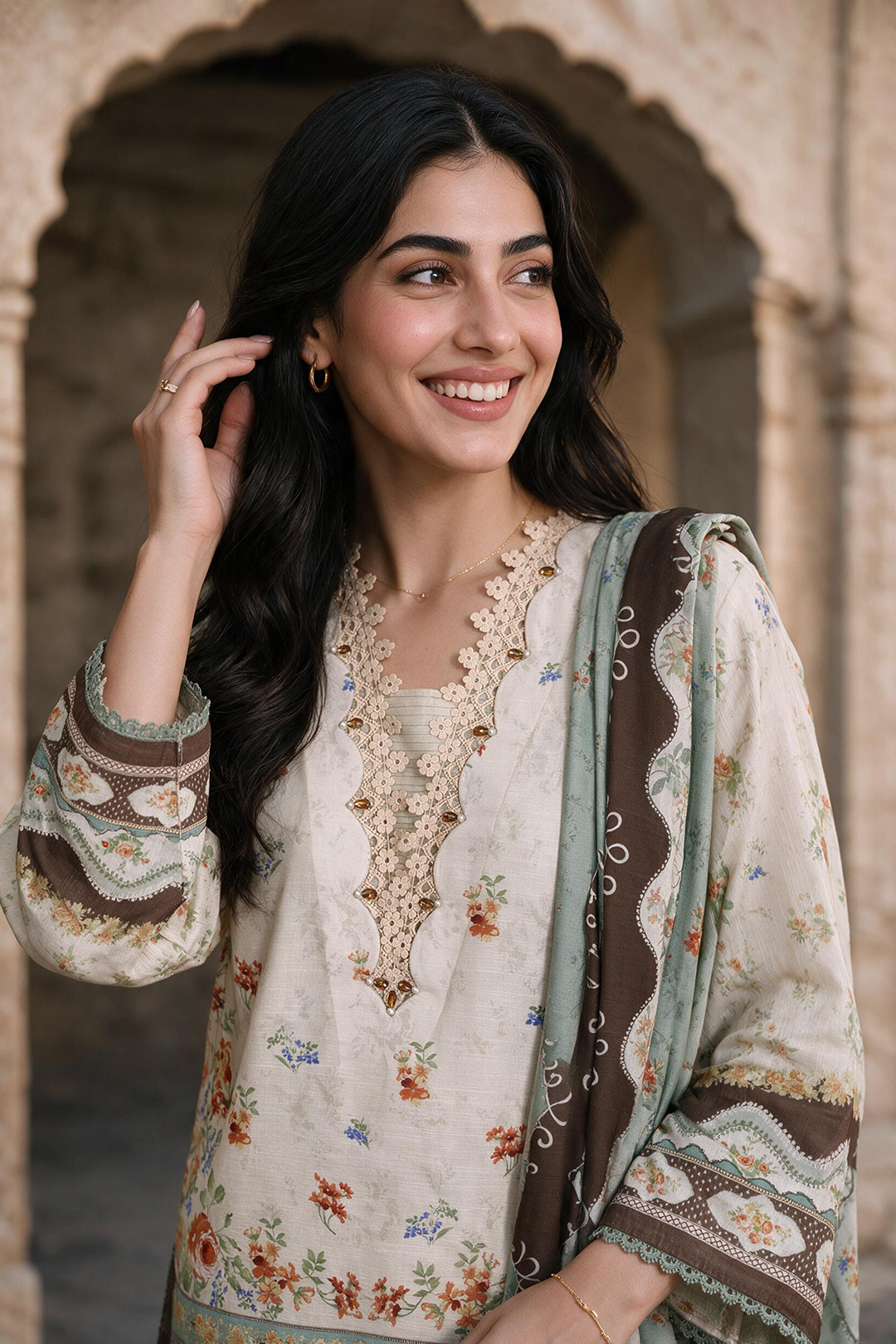 Zellbury cream floral printed Khaddar 3 piece unstitched suit WUWQ1X30129, image 2