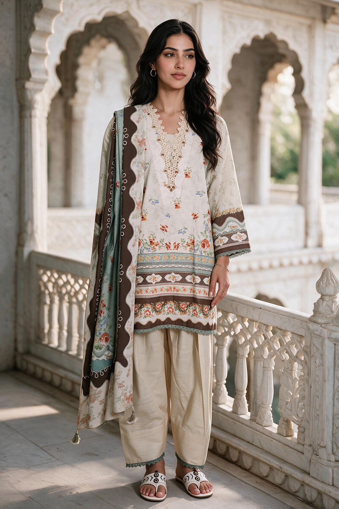 Zellbury cream floral printed Khaddar 3 piece unstitched suit WUWQ1X30129, image 5