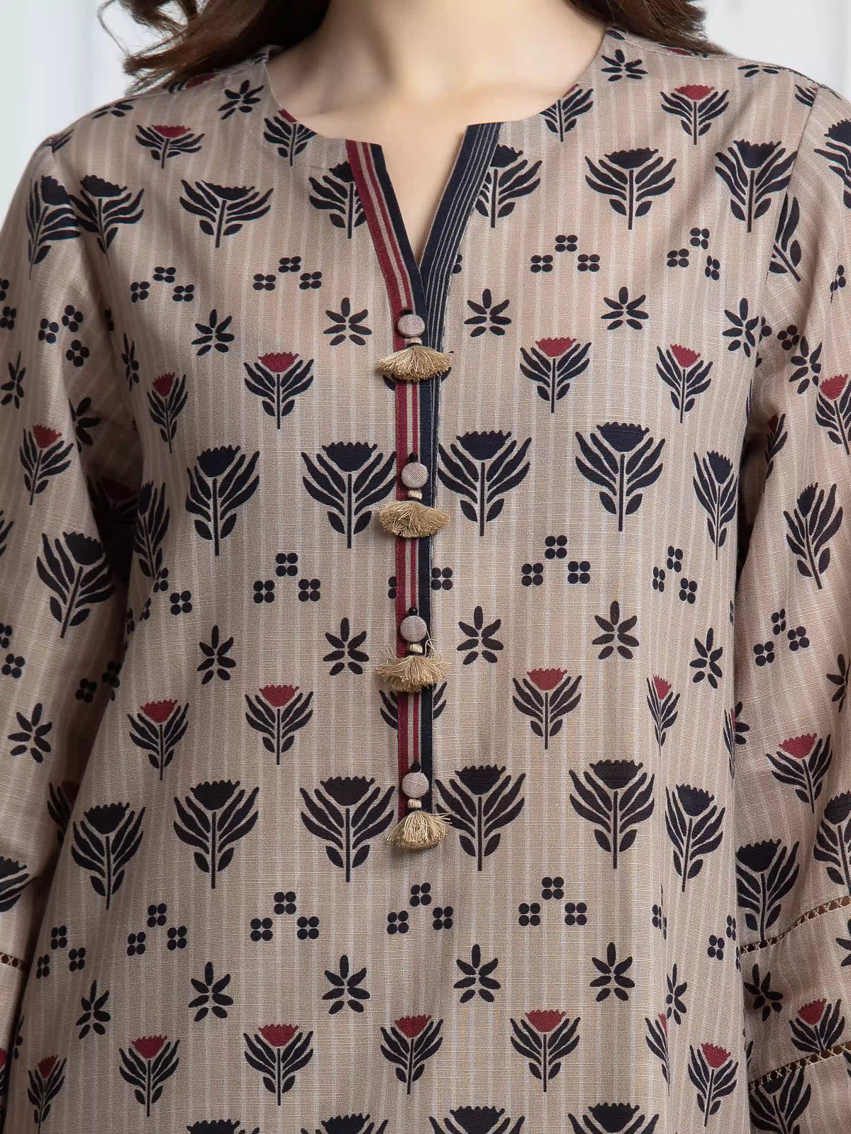 Edenrobe Khaki Printed Khaddar Suit – 3 Piece Unstitched