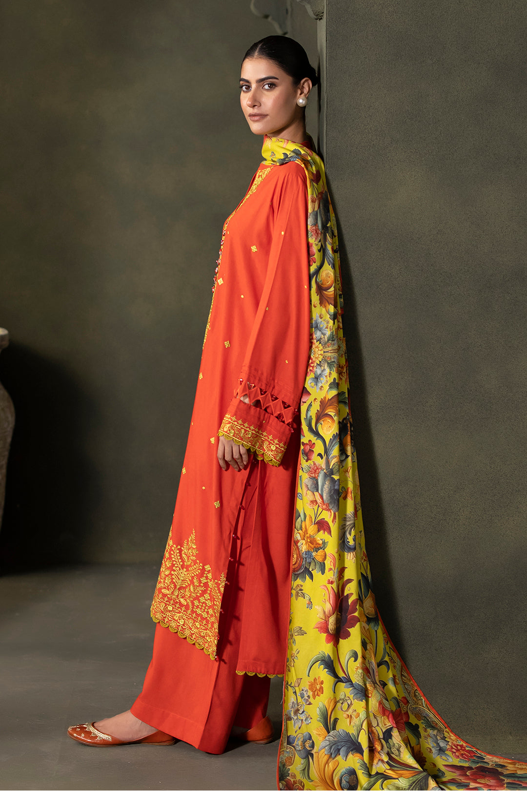 Zellbury Orange Red Viscose Embroidered Unstitched Suit WUW24E30242 image 3