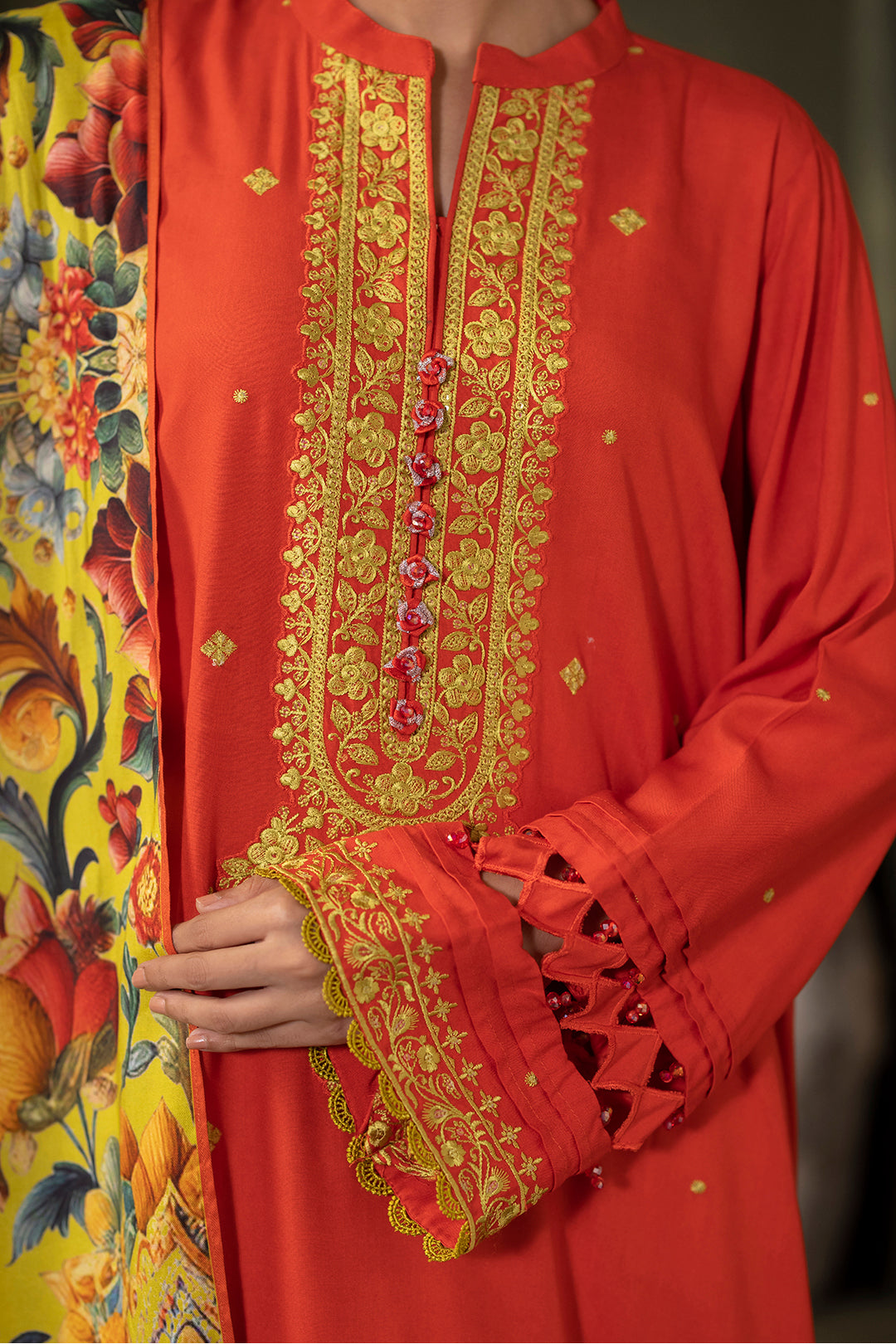 Zellbury Orange Red Viscose Embroidered Unstitched Suit WUW24E30242 image 4