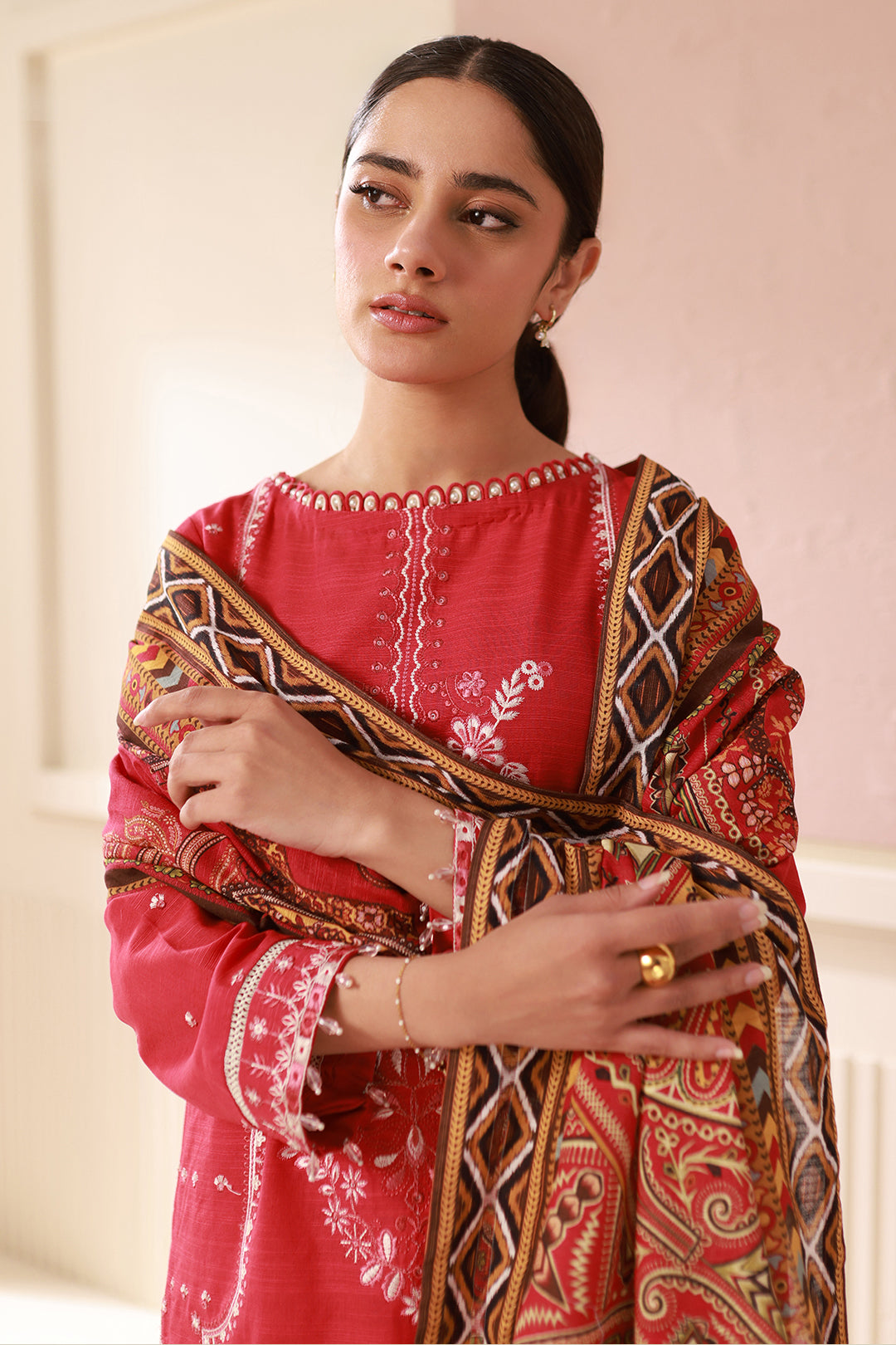 Zellbury Red Embroidered Khaddar Unstitched Suit WUW24E30486 image 1