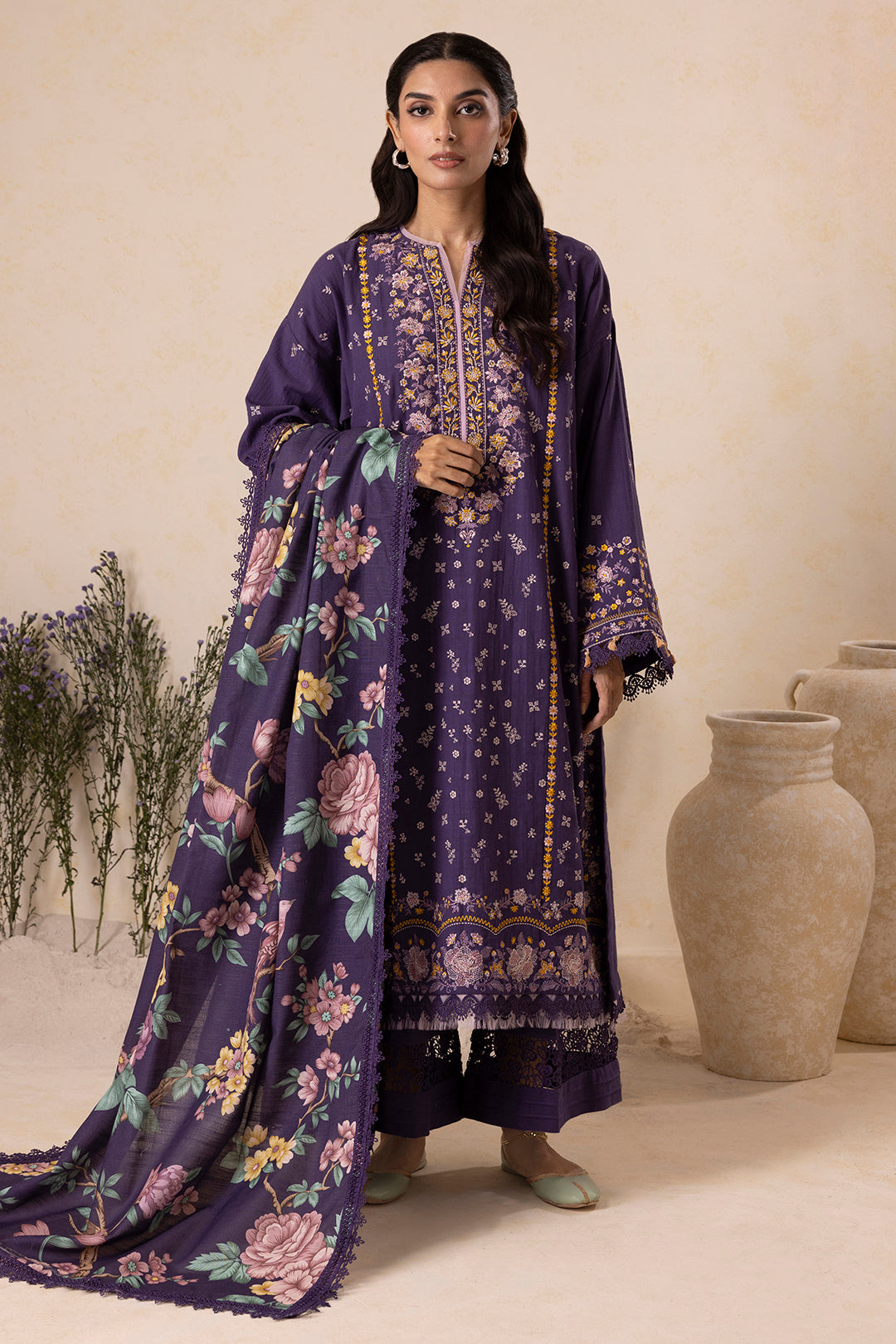 Zellbury Purple Embroidered Khaddar Unstitched Suit WUW25E30173 image 2