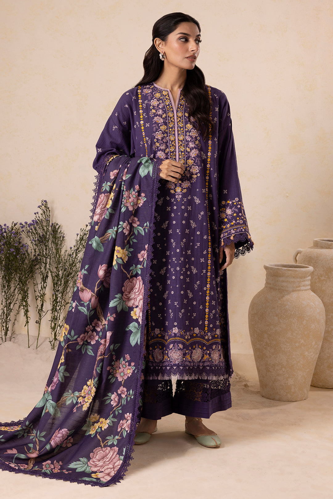 Zellbury Purple Embroidered Khaddar Unstitched Suit WUW25E30173 image 4