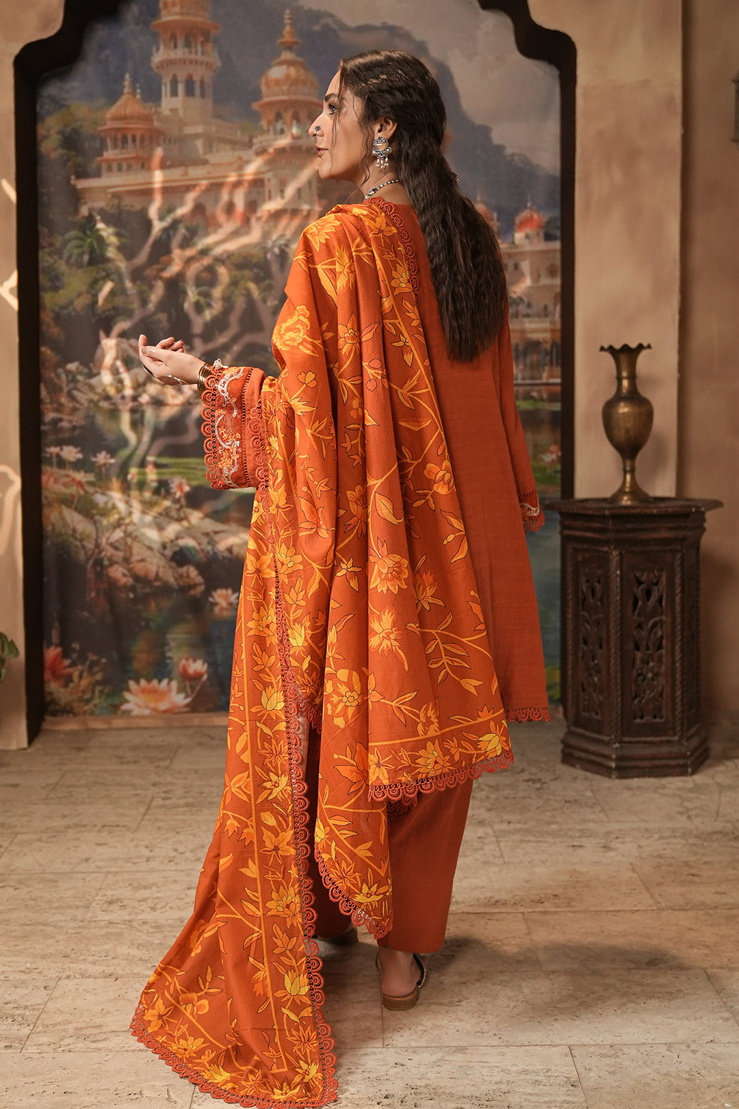 Zellbury rust orange embroidered Khaddar 3 piece unstitched suit WUW24E30483 image 4
