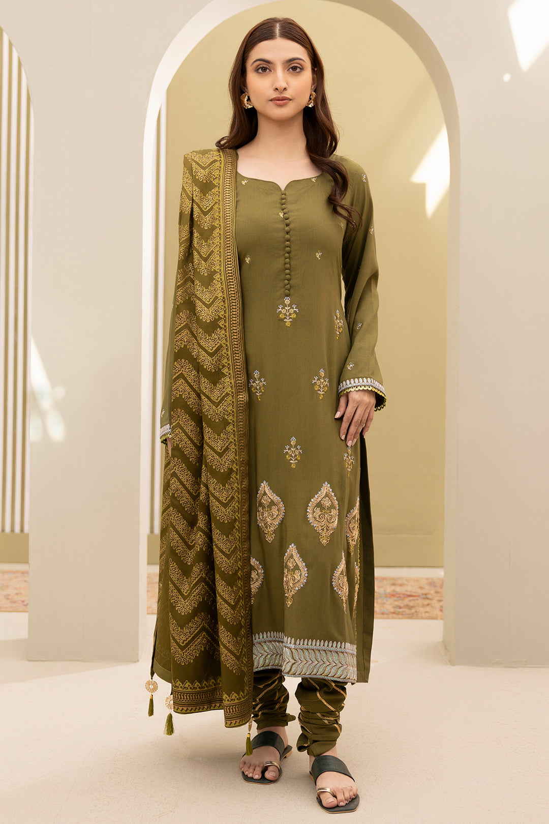 Zellbury olive green embroidered Viscose 3 piece unstitched suit WUW24E30491 image 2