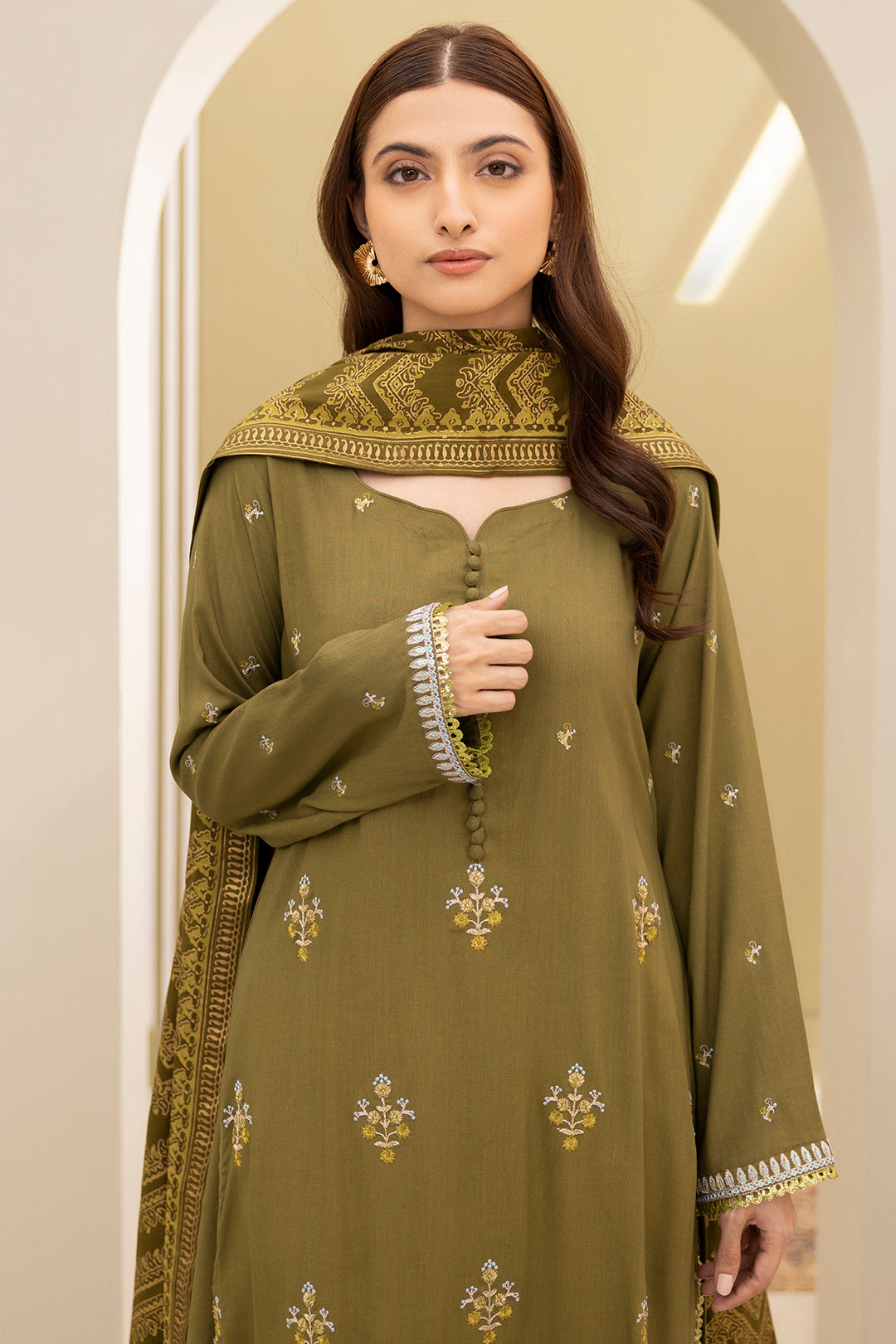 Zellbury olive green embroidered Viscose 3 piece unstitched suit WUW24E30491 image 3