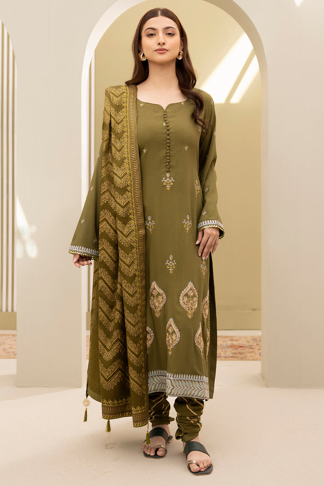 Zellbury olive green embroidered Viscose 3 piece unstitched suit WUW24E30491 image 4