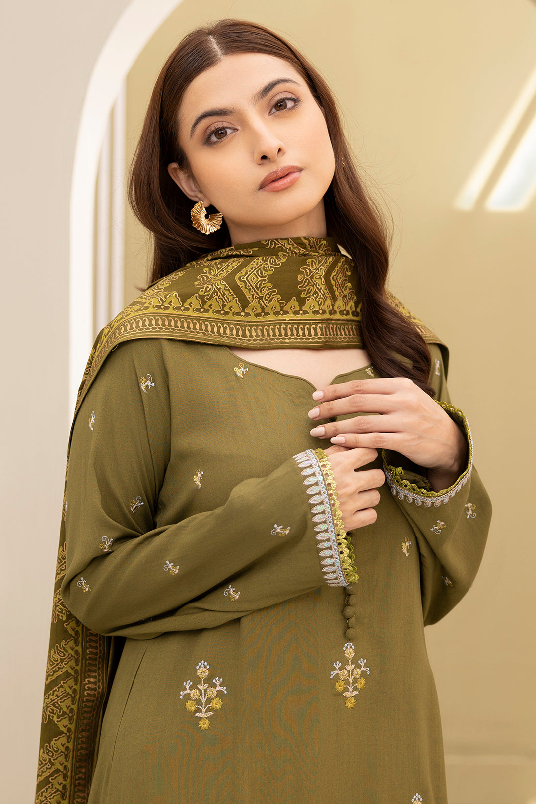Zellbury olive green embroidered Viscose 3 piece unstitched suit WUW24E30491 image 5