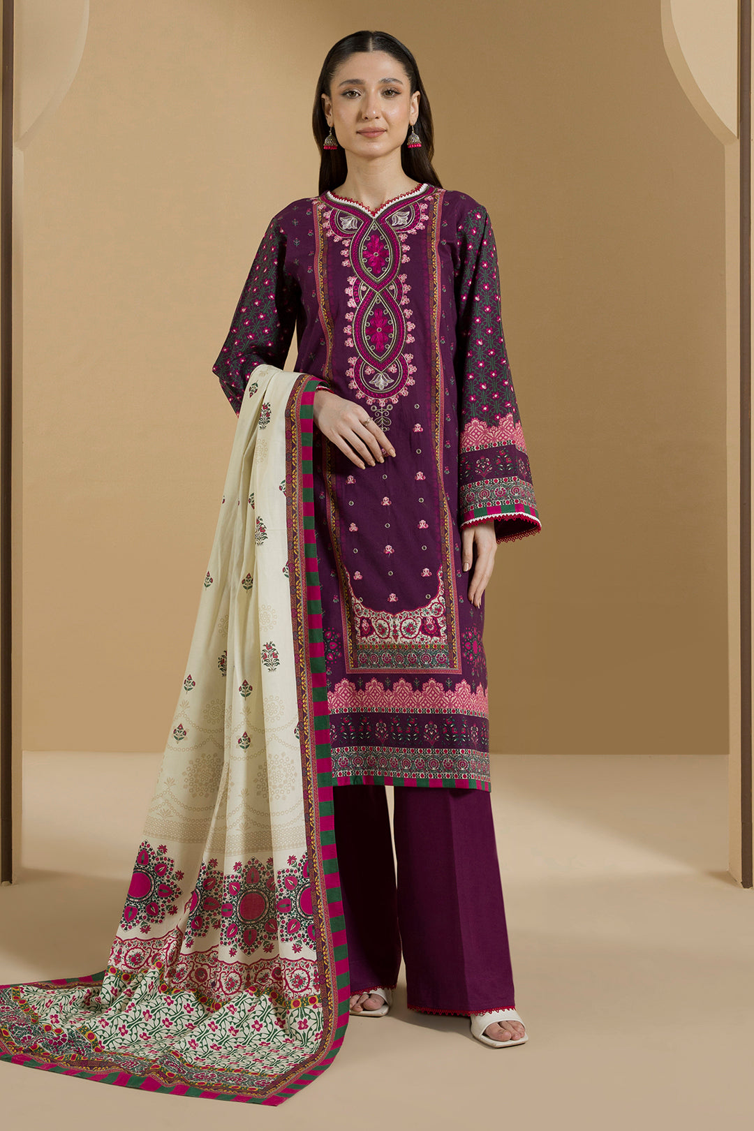 Zellbury Magenta Embroidered Linen 3 Piece Unstitched Suit – WUW25E30106 image 4