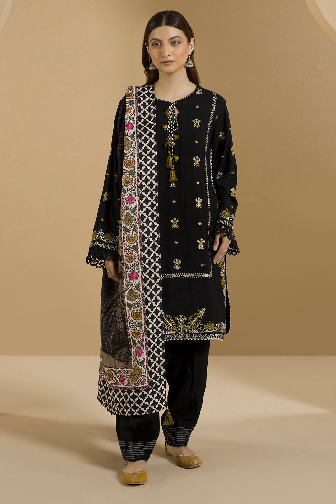 Zellbury black embroidered Linen 3 piece unstitched suit WUW25E30112 image 1