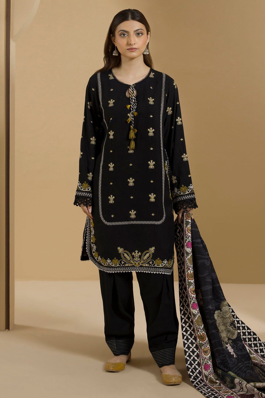 Zellbury black embroidered Linen 3 piece unstitched suit WUW25E30112 image 4