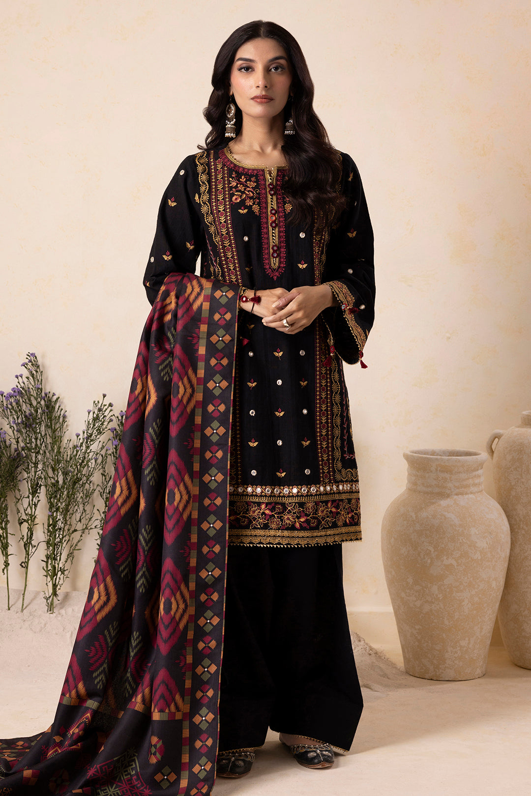 Full view of Zellbury black embroidered Khaddar suit with shawl