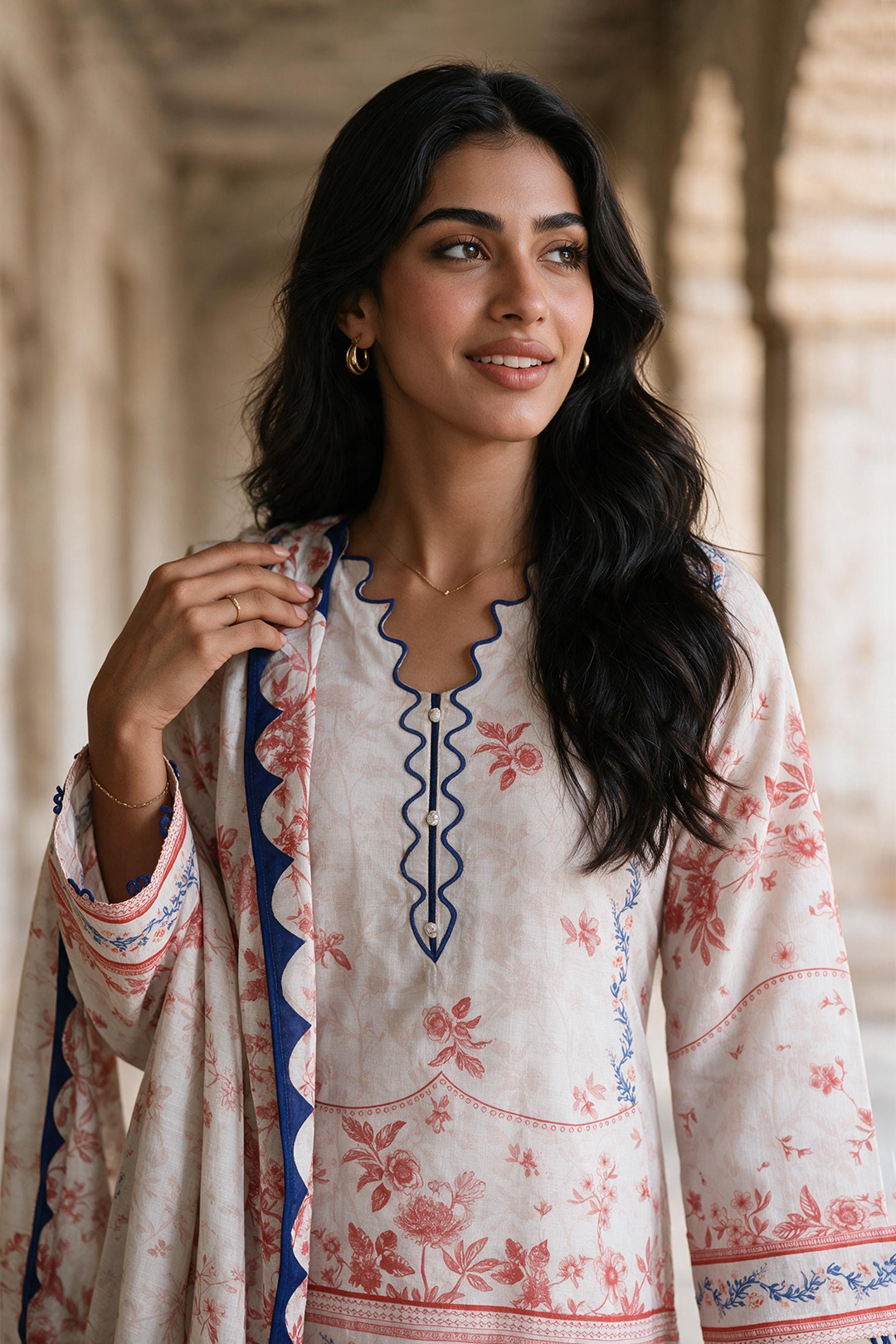 Zellbury Khaddar shirt and dupatta front detail