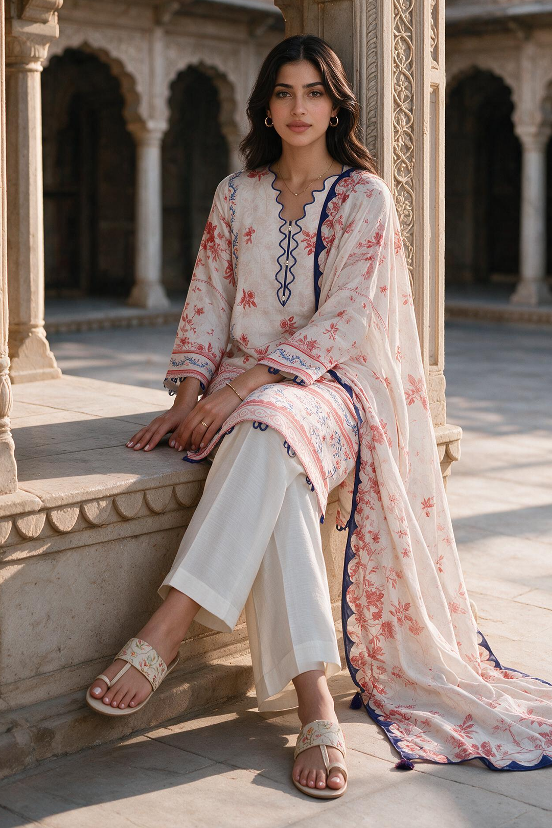 Zellbury printed Khaddar shirt dupatta seated outfit