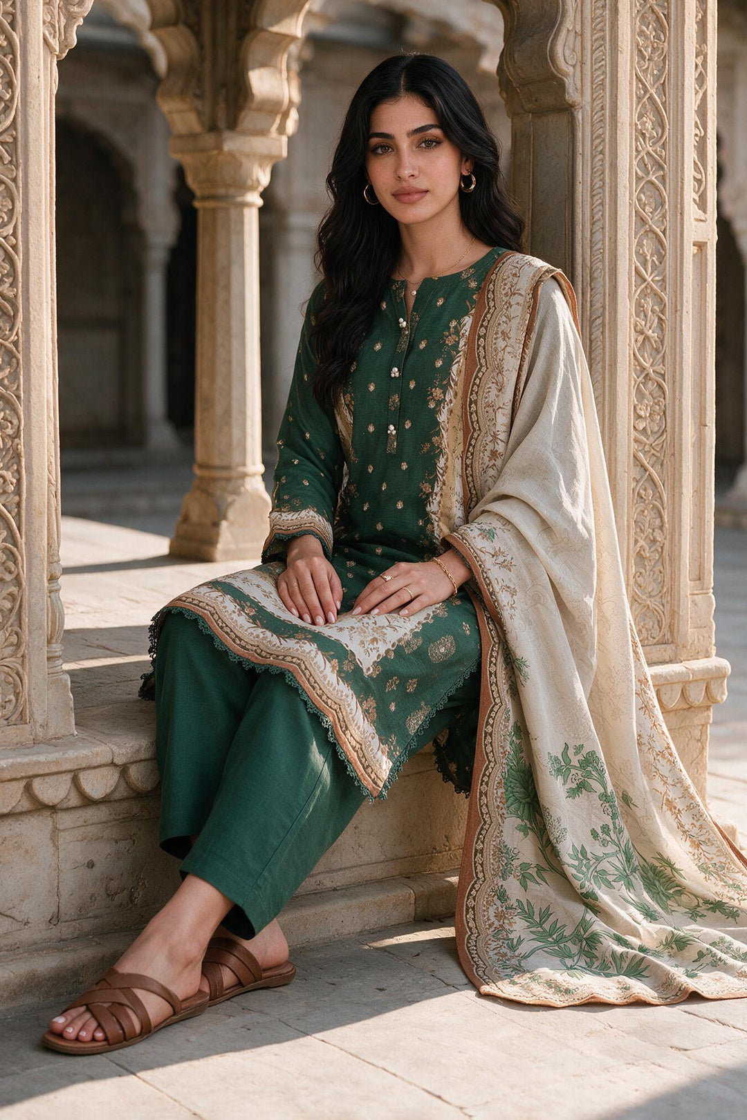 Zellbury dark green printed Khaddar 3 piece unstitched suit WUWQ1X30112 image 3