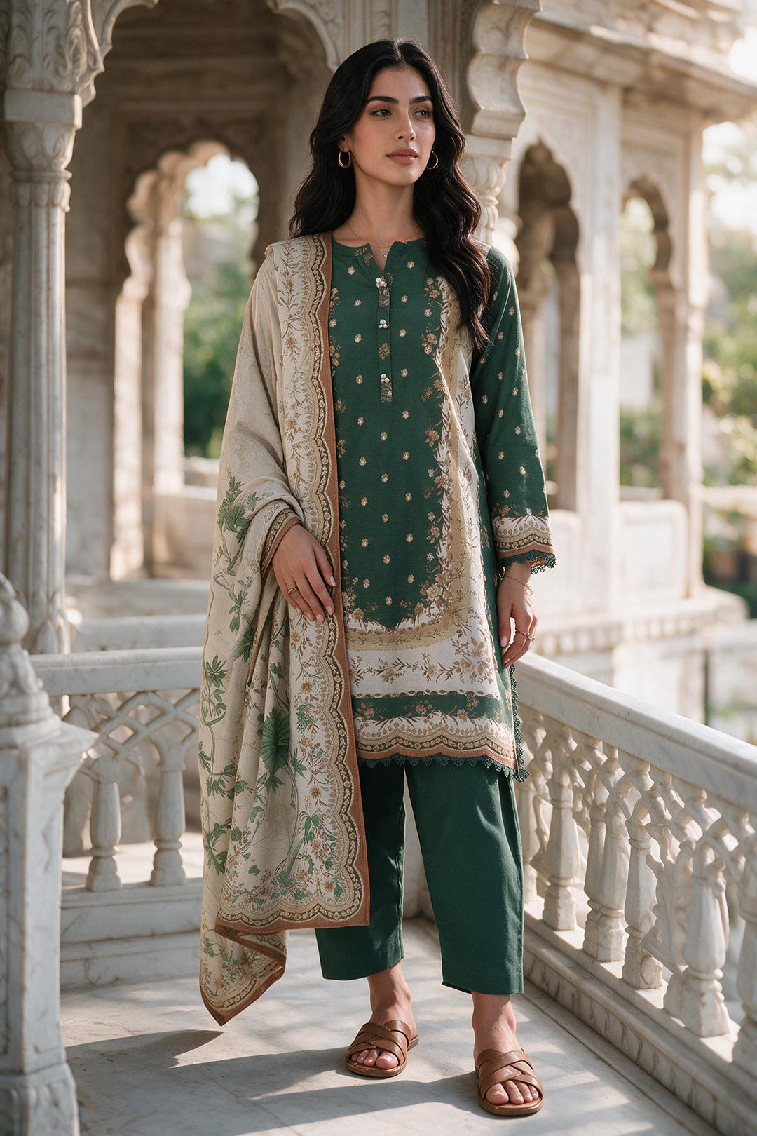 Zellbury dark green printed Khaddar 3 piece unstitched suit WUWQ1X30112 image 5