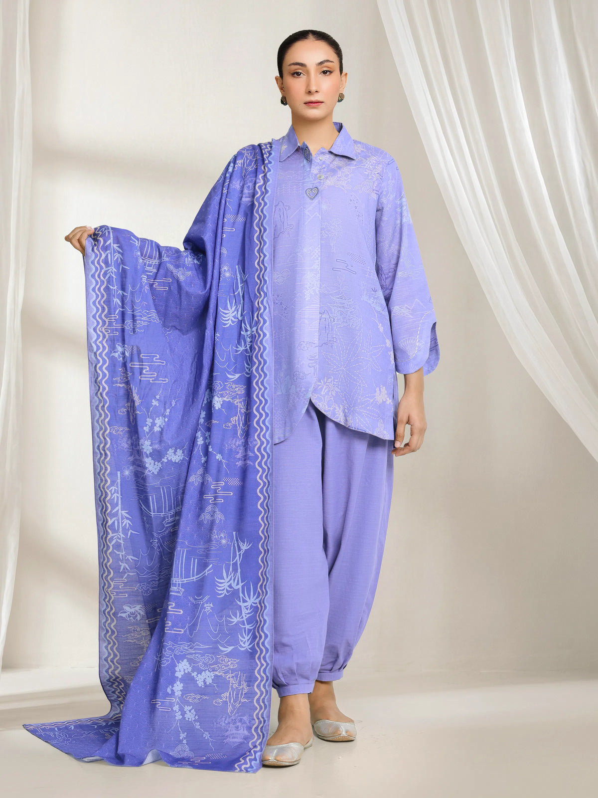 Edenrobe Lavender Printed Khaddar Suit Image 1