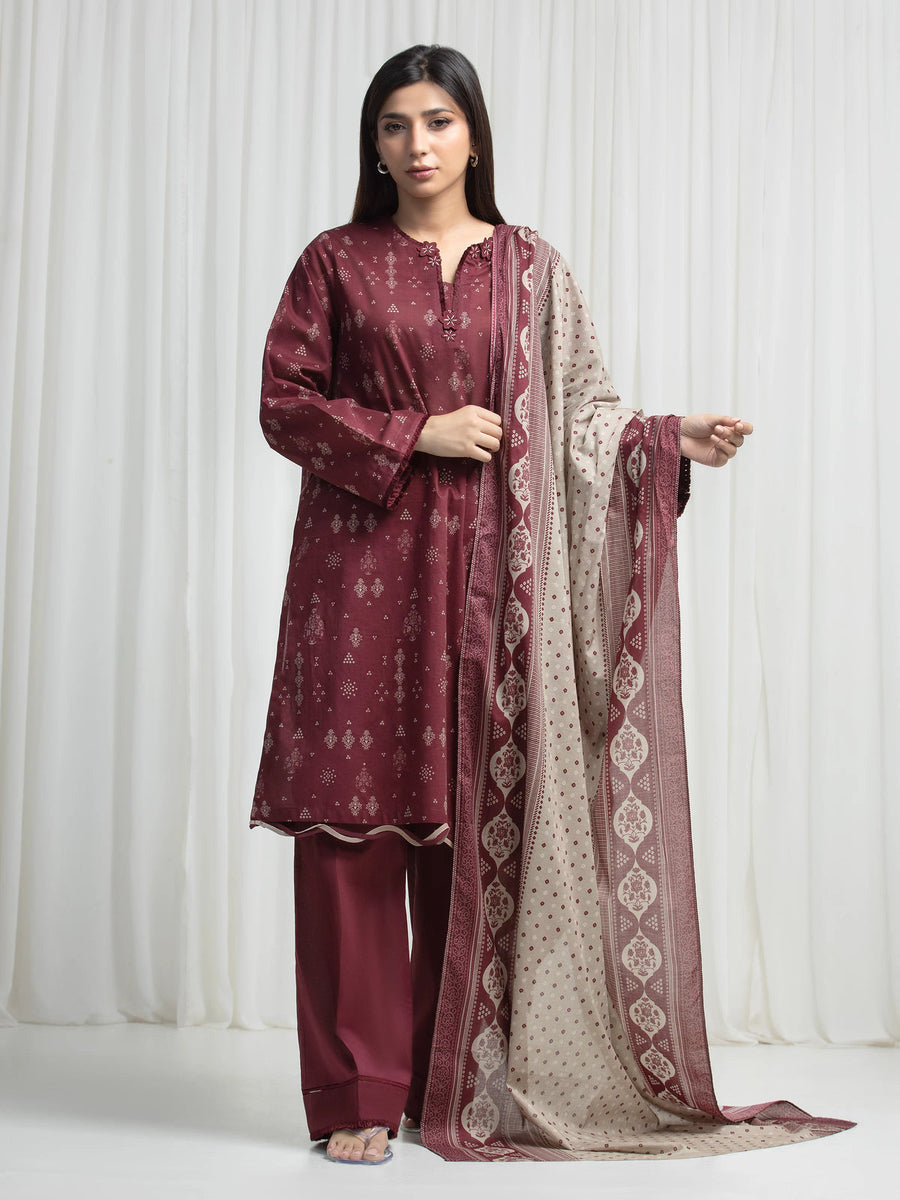 Edenrobe Maroon Printed Khaddar Suit Image 1