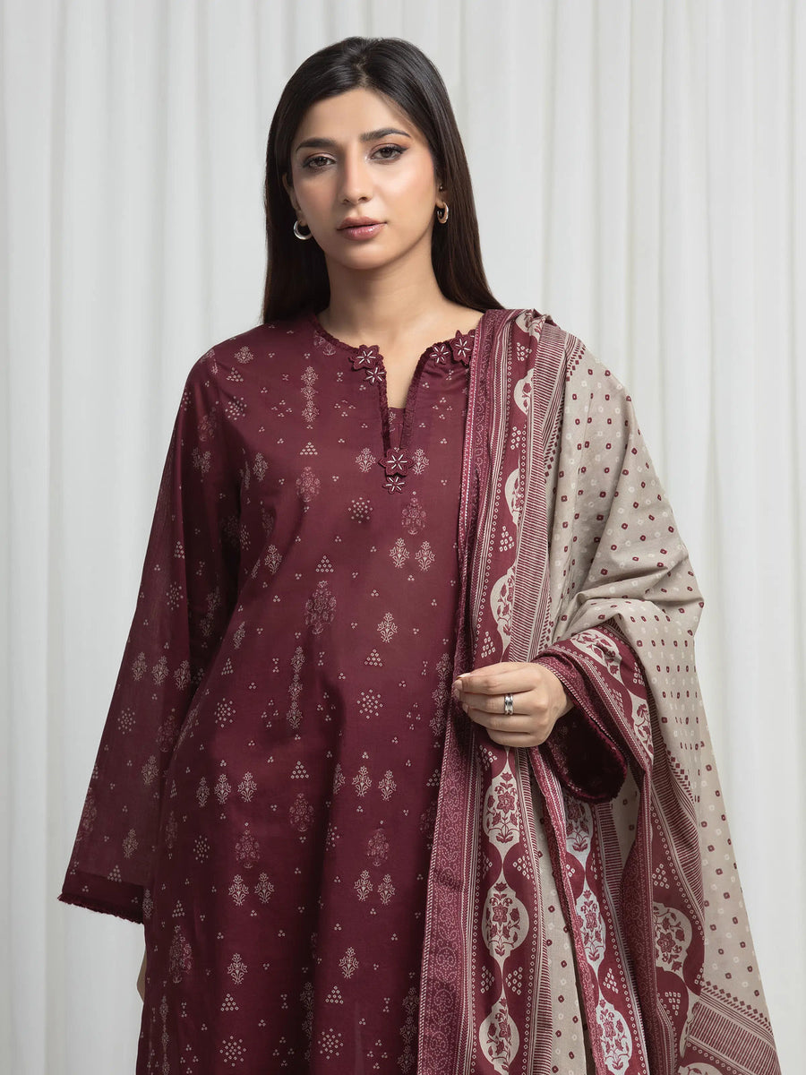 Edenrobe Maroon Printed Khaddar Suit Image 2