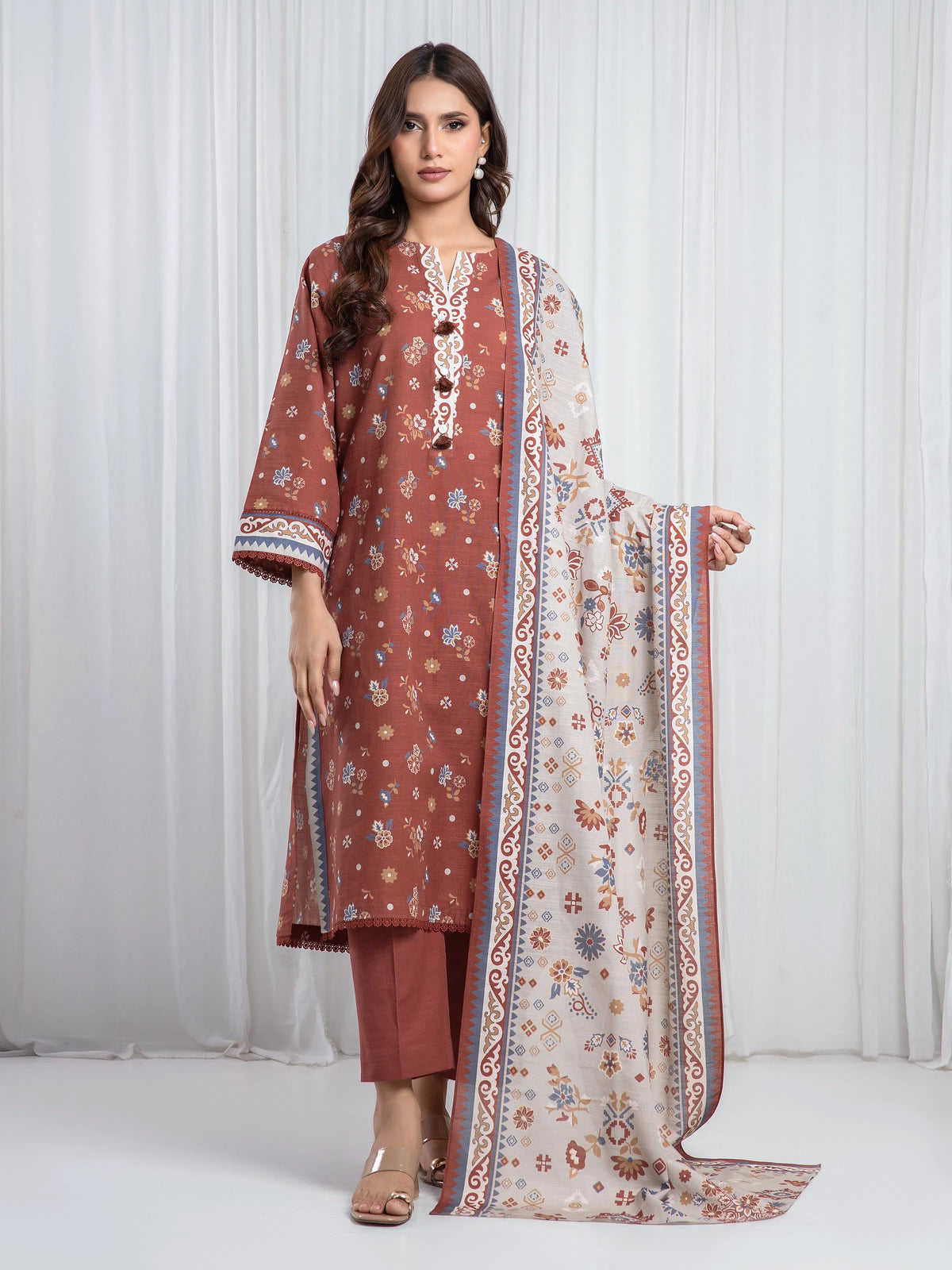 Edenrobe Brown Printed Khaddar Suit Image 1