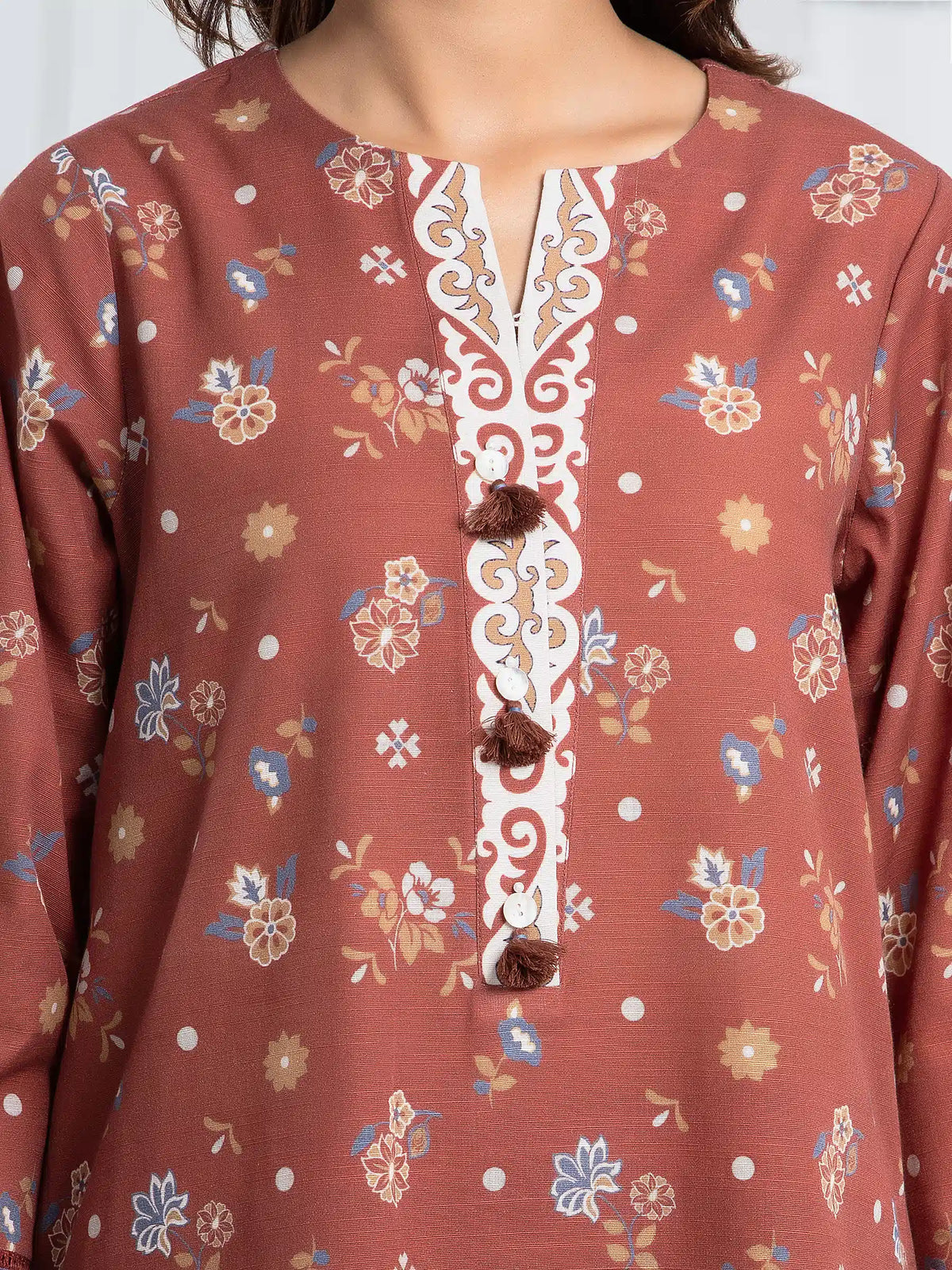 Edenrobe Brown Printed Khaddar Suit Image 3