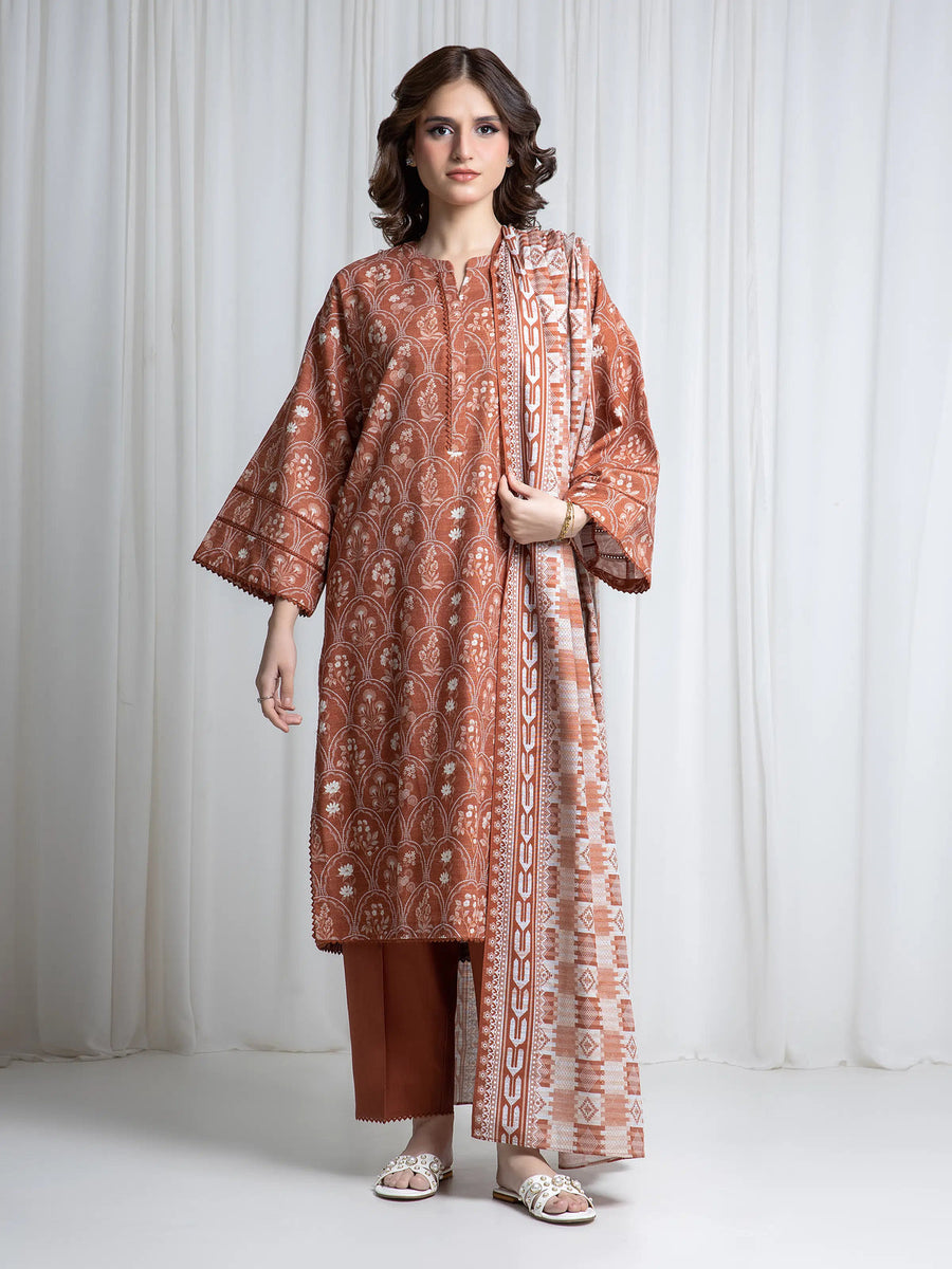 Edenrobe Brown Printed Khaddar Suit Image 1