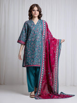 Edenrobe Teal Printed Khaddar Suit Image 1