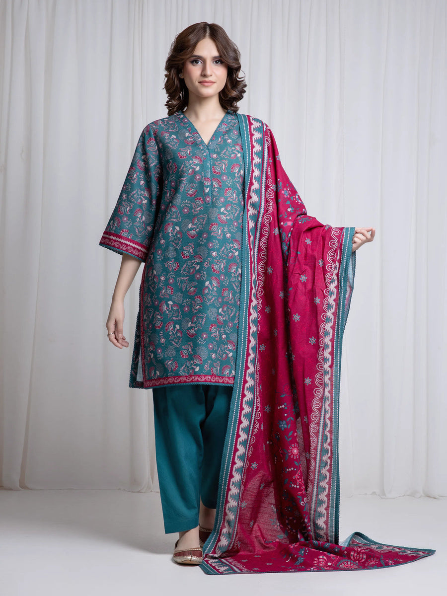 Edenrobe Teal Printed Khaddar Suit Image 1