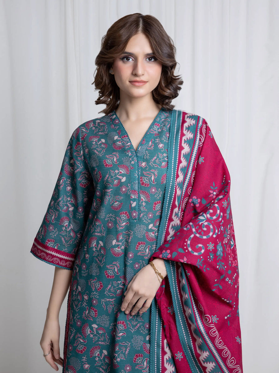 Edenrobe Teal Printed Khaddar Suit Image 2