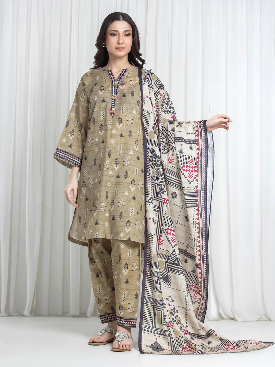 Edenrobe Khaki Printed Khaddar Suit Image 1