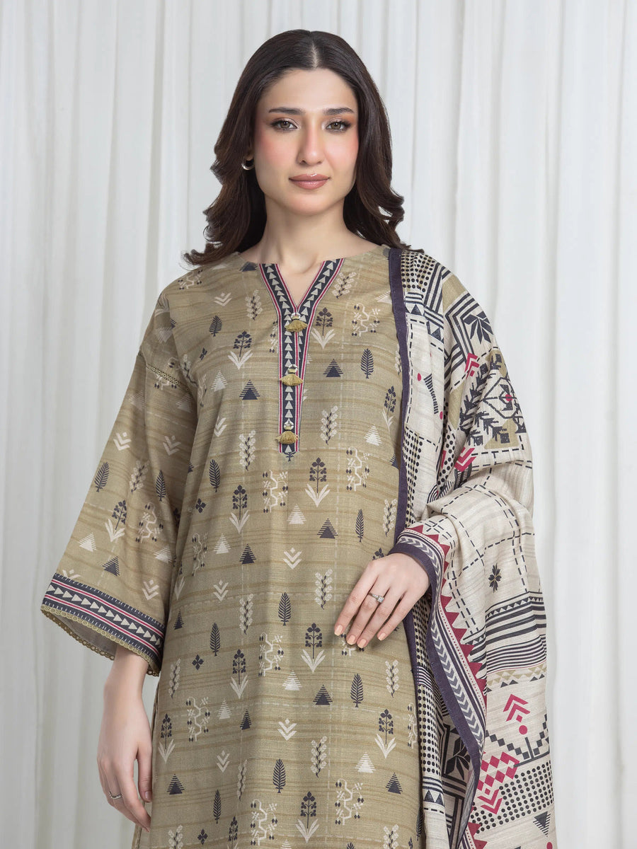 Edenrobe Khaki Printed Khaddar Suit Image 2