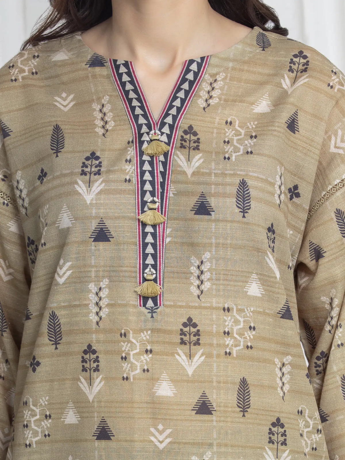 Edenrobe Khaki Printed Khaddar Suit Image 3